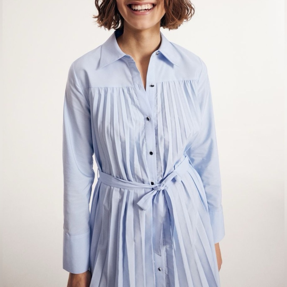 Ellen Tracey Blue Pleated Midi/Mini Tie Waist Dress Size XS